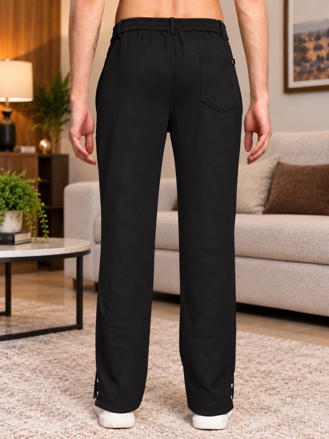 SNAP BUTTON TEXTURED FIT PANTS BLACK
