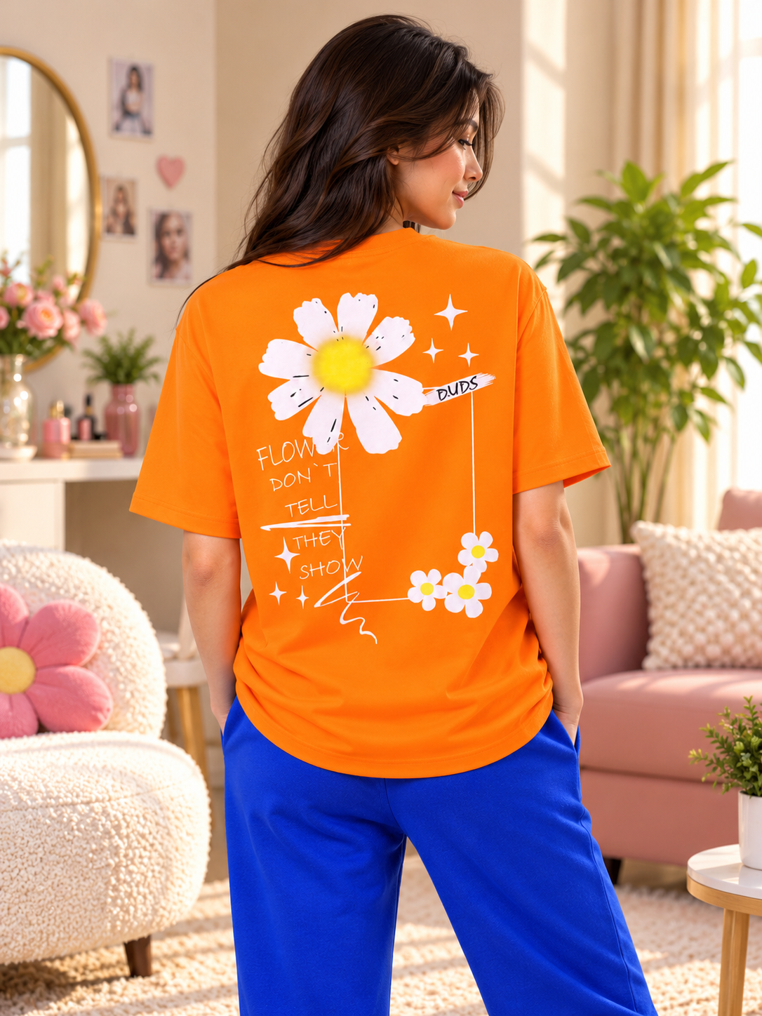 WOMEN BLOOM QUOTE OVER-SIZE T-SHIRT BROWN