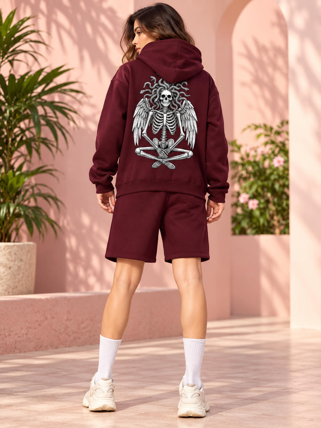 WOMEN GORGON SKULL PRINTED FLEECE CO-ORD SET WINE