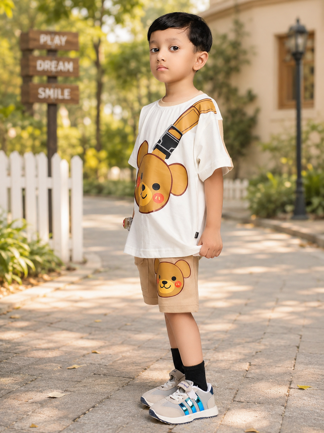 TINY TREND BEAR CO-ORD FOR BOYS GIRLS WHITE BEIGE