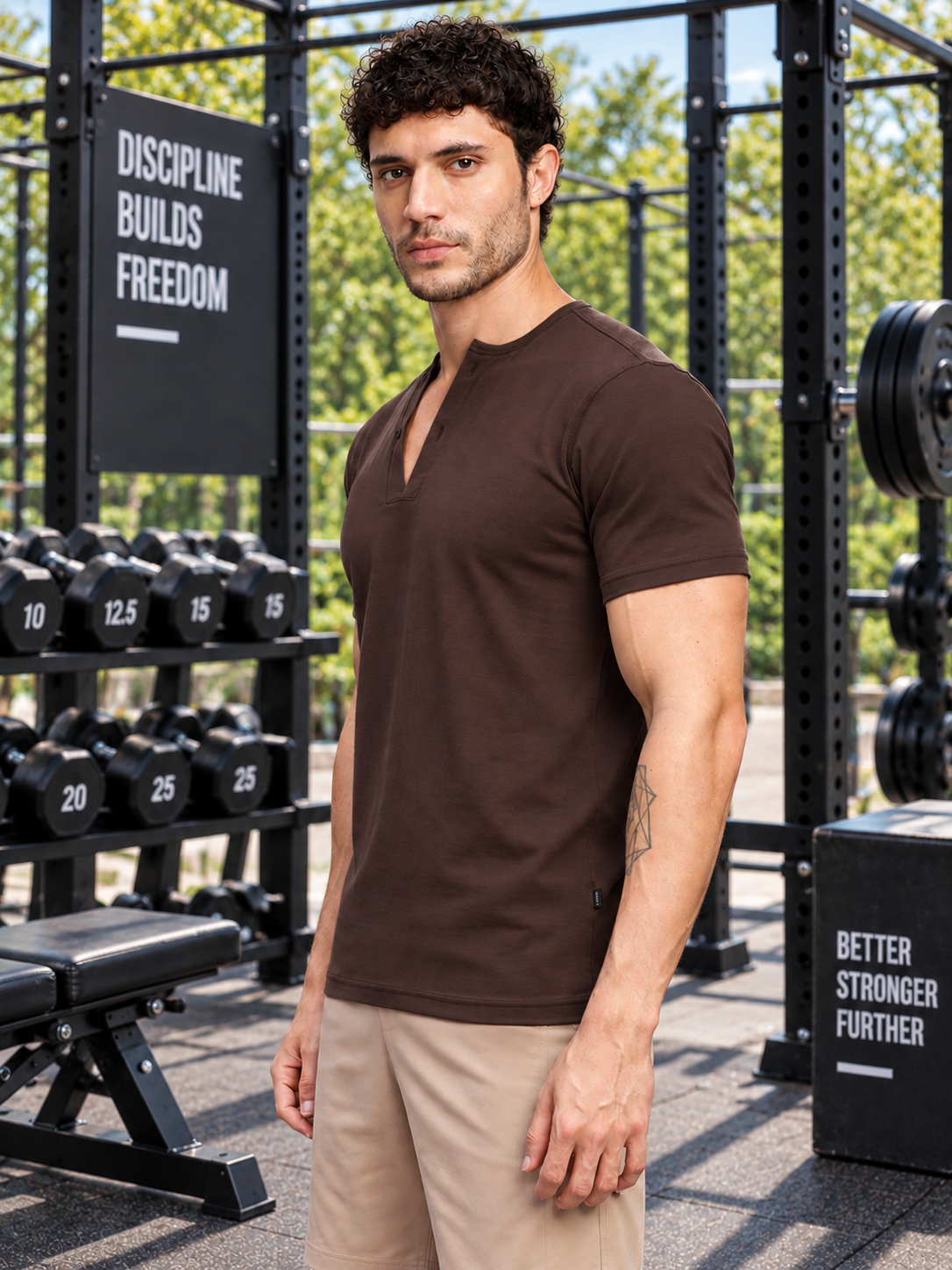 ATHLETIC HENLEY REGULAR FIT T-SHIRT DARK BROWN