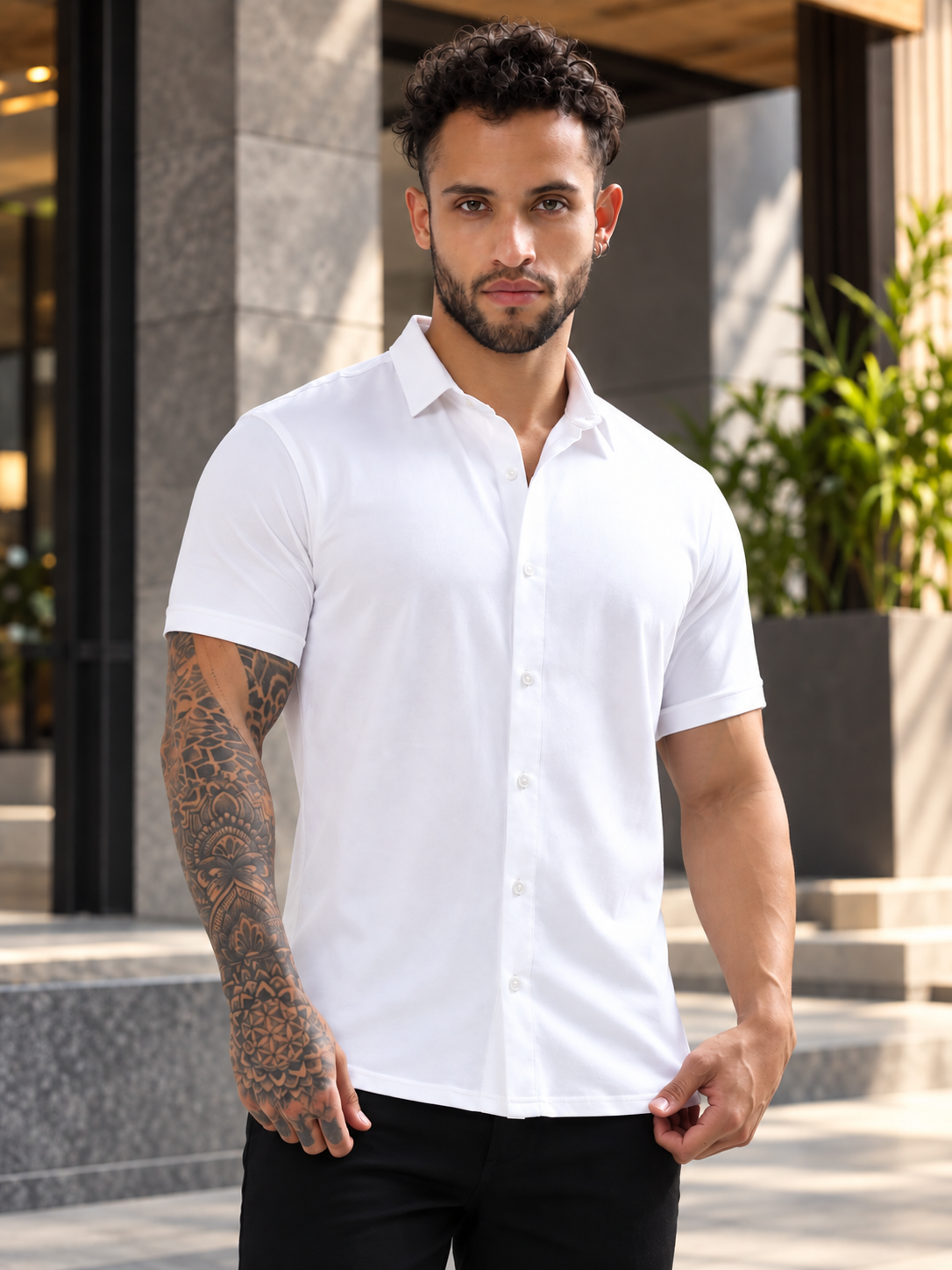 NOIR WHITE HALF-SLEEVE SHIRT SLIM FIT