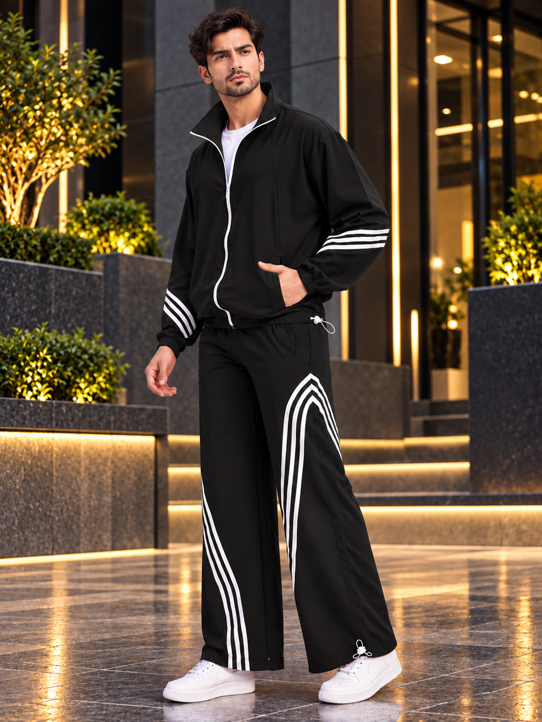 STREETWEAR THREE STRIPE CO-ORD SET FULL ZIPPER BLACK