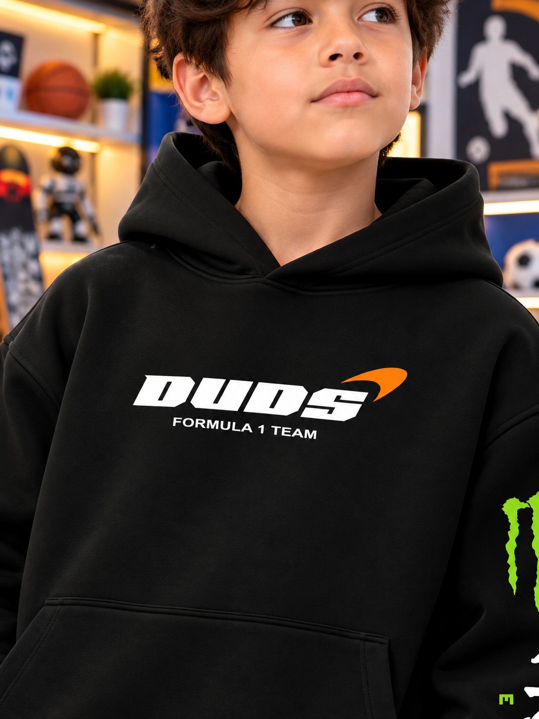 MONSTER DRINK FLEECE HOODIE FOR KIDS BLACK with DUDS Formula 1 Team logo, worn by a boy in a cozy black hoodie
