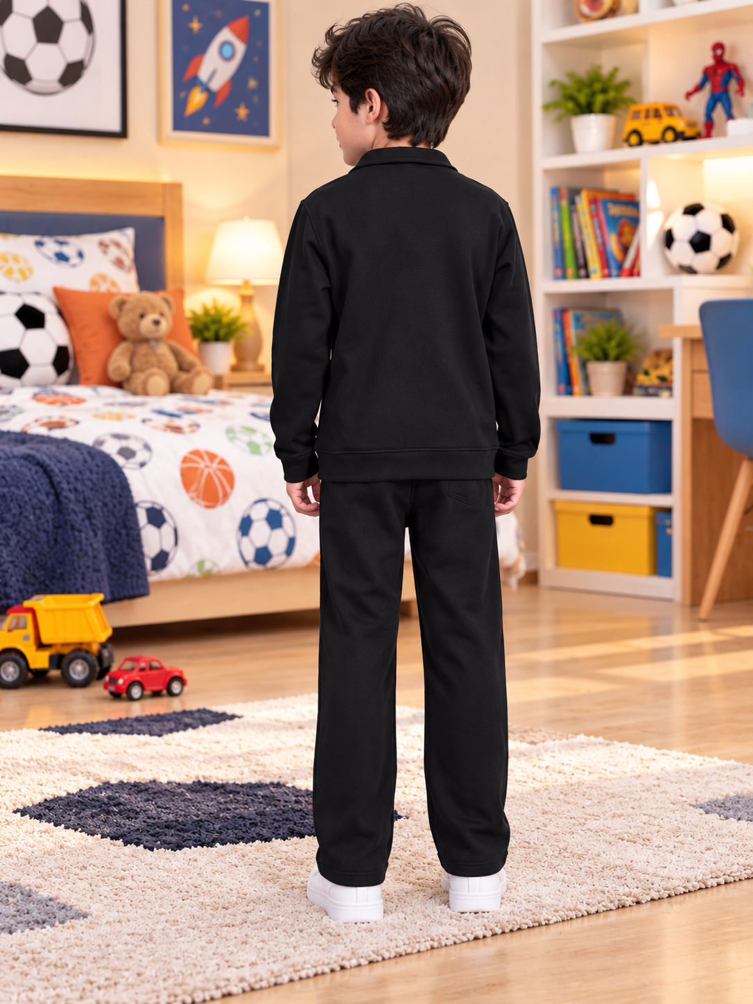 SHAGGY FLEECE CO-ORD FOR BOYS GIRLS BLACK worn by a boy in a bedroom, showcasing the matching black fleece set from behind