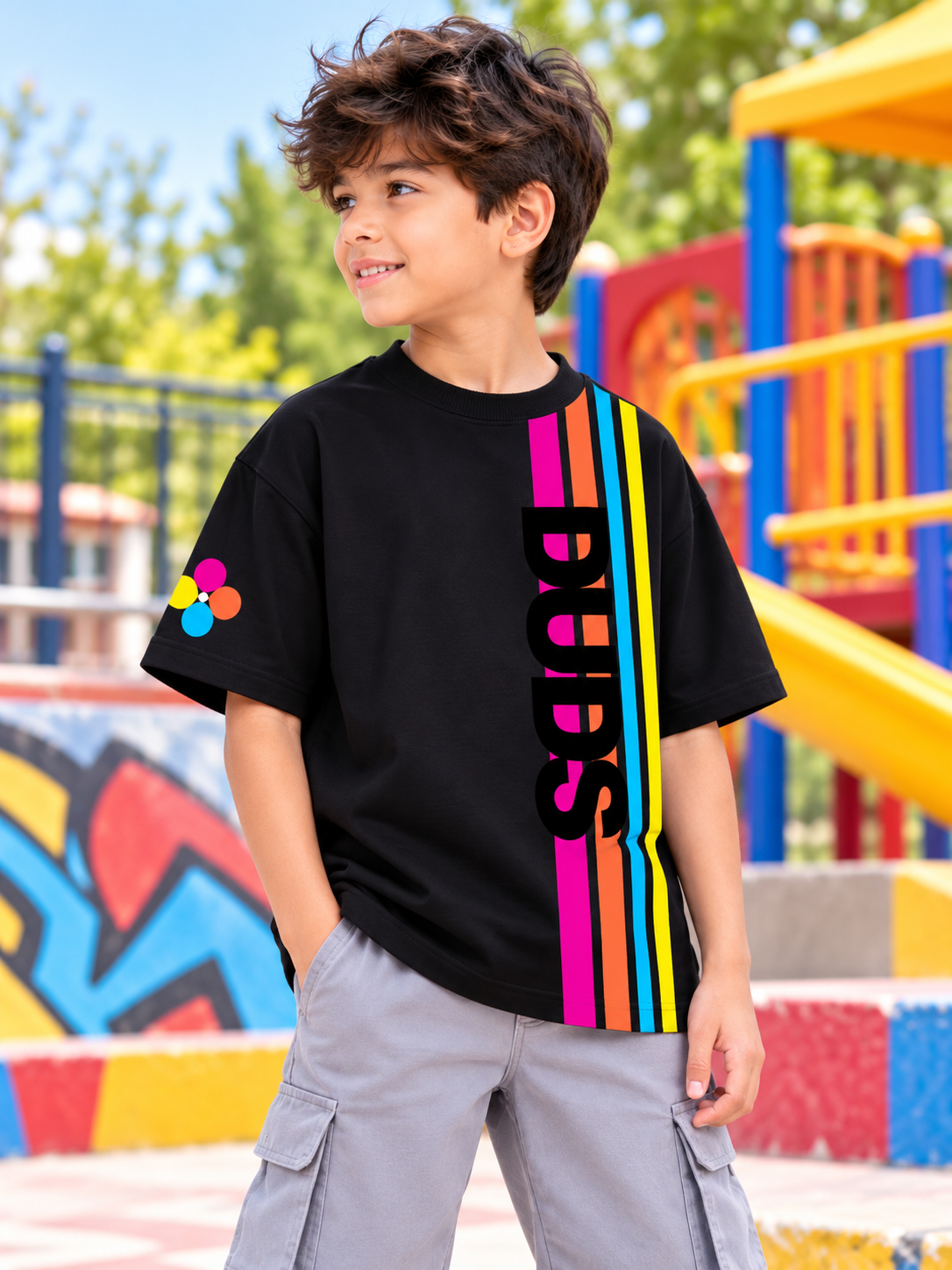 RETRO STRIPES OVERSIZED T-SHIRT BLACK KIDS BLACK