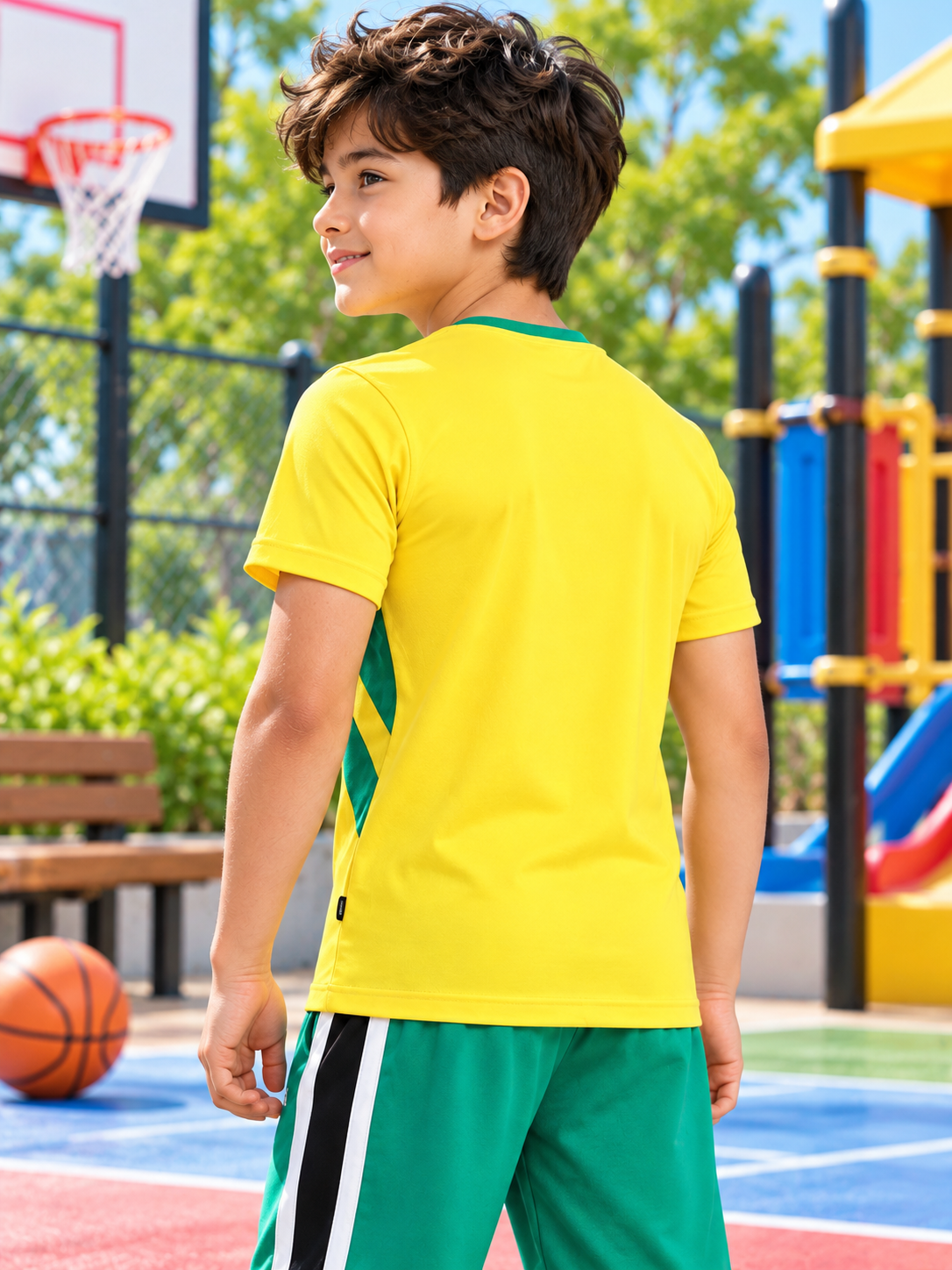 Kids Yellow Jumpy Regular Fit T-Shirt worn by a boy at the basketball court, back view with green accents