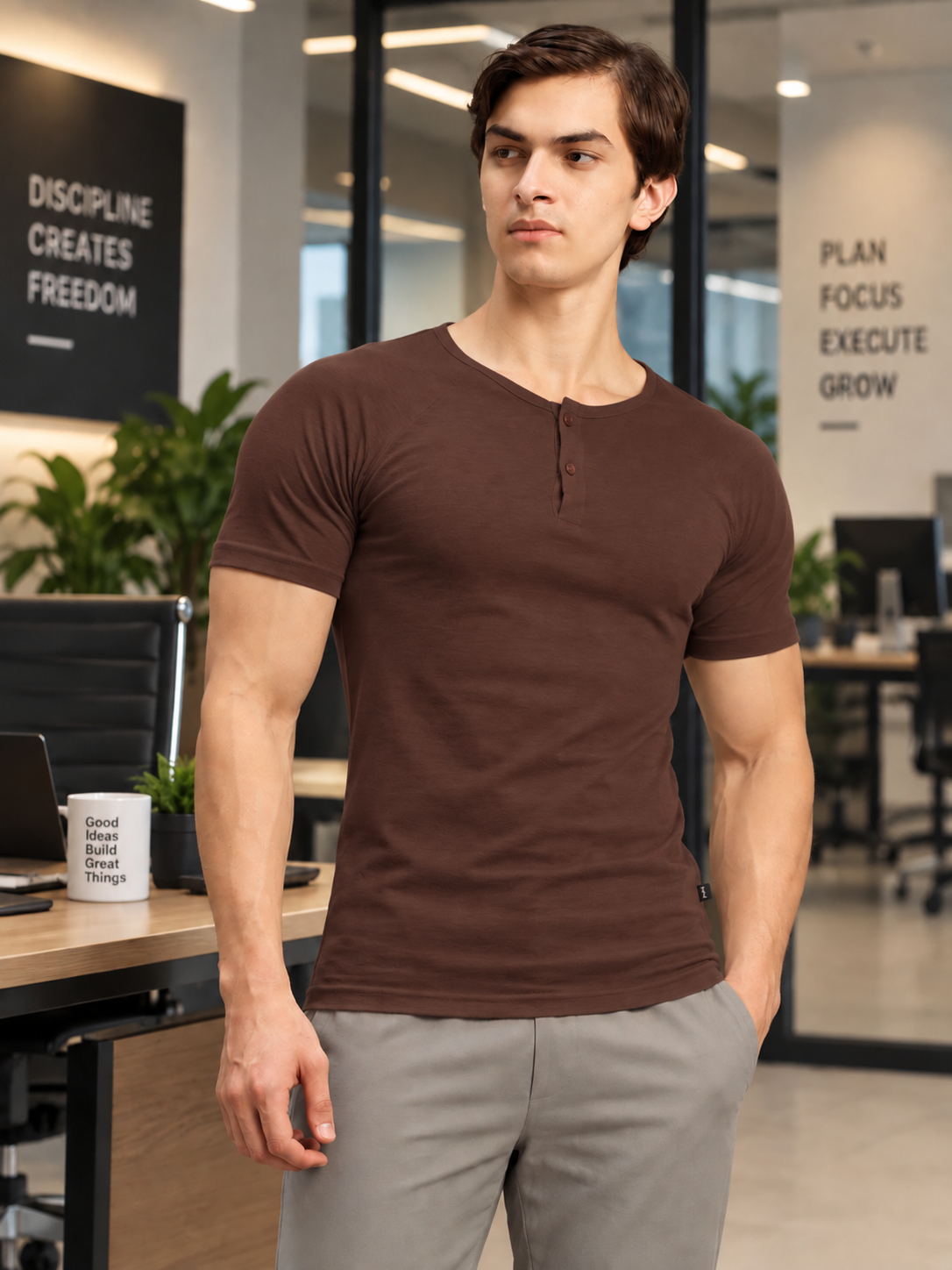 SLEEVE BUTTON HENLEY BROWN