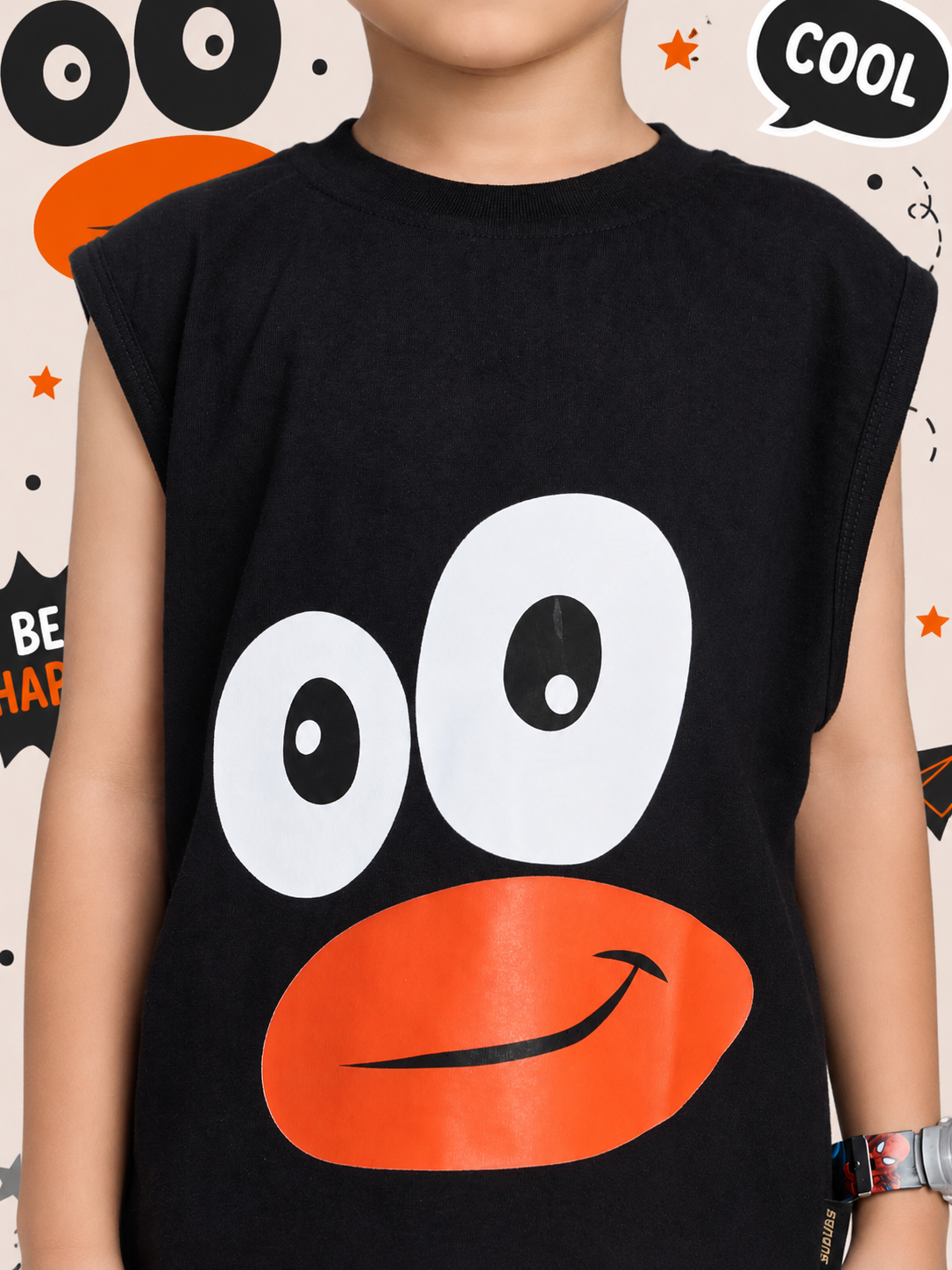 SMILEY EYES PRINT CO-ORD SET FOR BOYS GIRLS BLACK ORANGE
