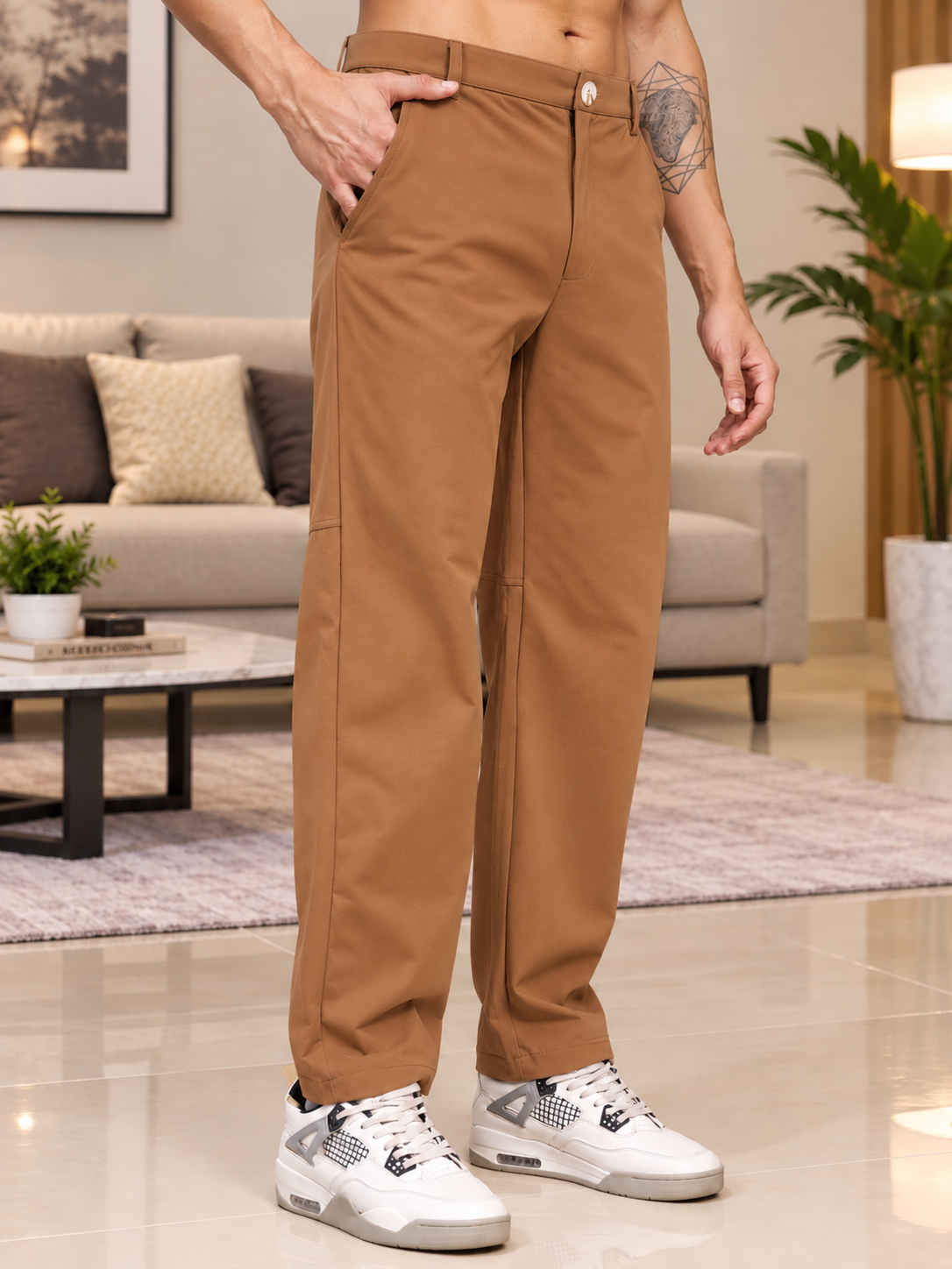 STRETCH STRAIGHT CASUAL PANTS BROWN