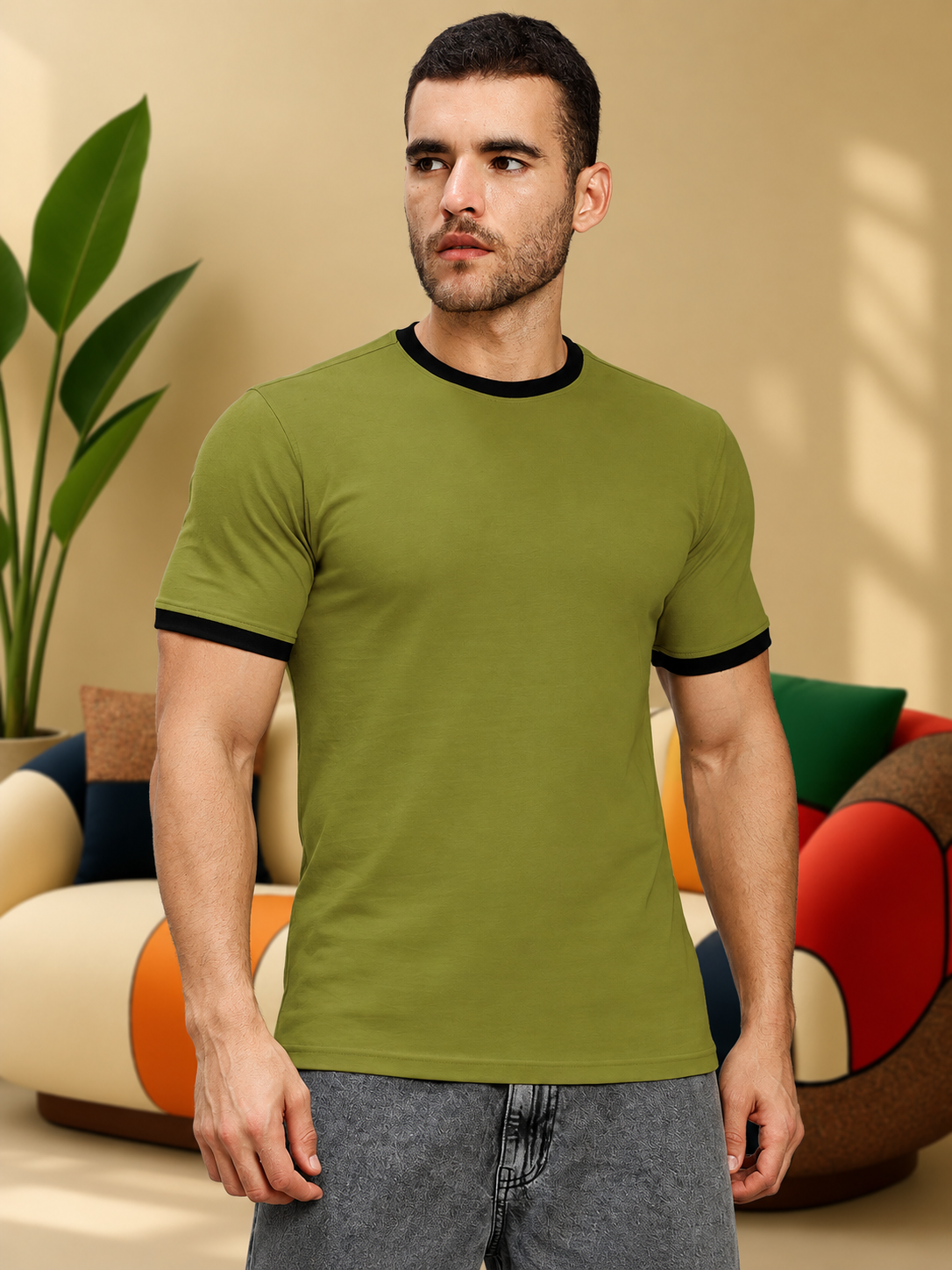 MINIMALIST CONTRAST EDGE T-SHIRT OLIVE GREEN