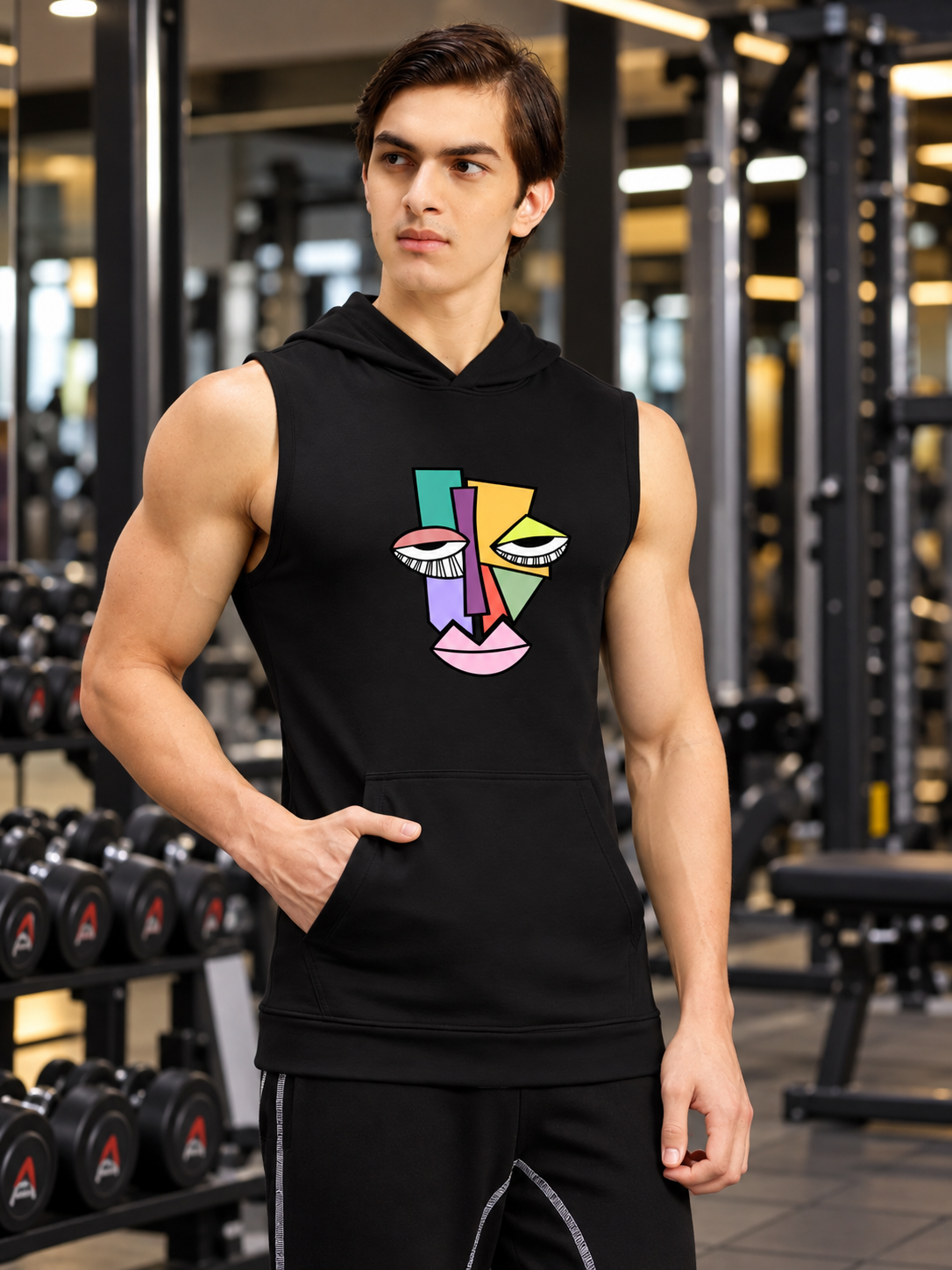 ABSTRACT FACE GYM SLEEVELESS HOODED T-SHIRT BLACK