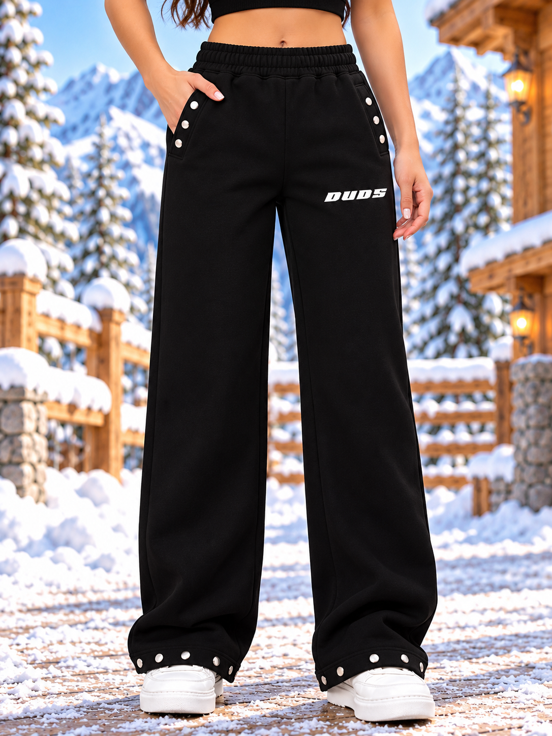WOMEN RIGID COTTON FLEECE JOGGER BLACK with snap buttons, wide-leg fit, and DUDS logo, worn in a snowy winter setting