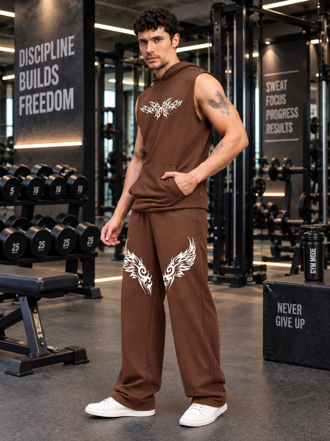 TRIBAL SLEEVELESS HOODED CO-ORD BROWN