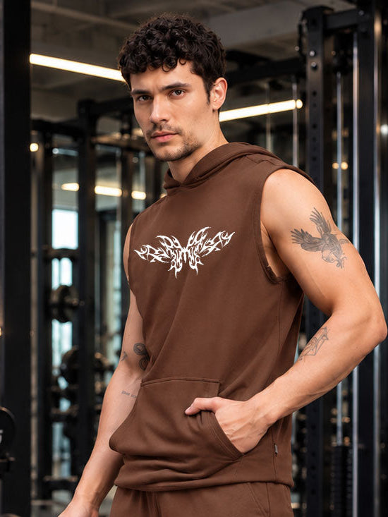 TRIBAL SLEEVELESS HOODED  T-SHIRT BROWN