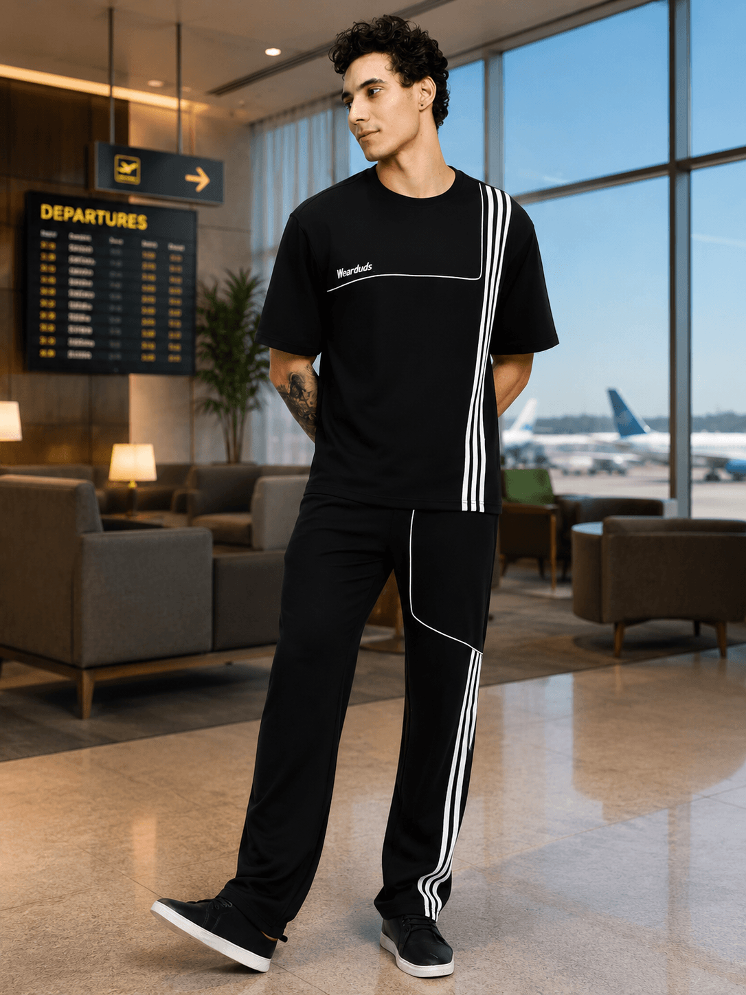 YOUTH CONTREST PIPING CO-ORD SET BLACK worn by a model in an airport lounge setting.