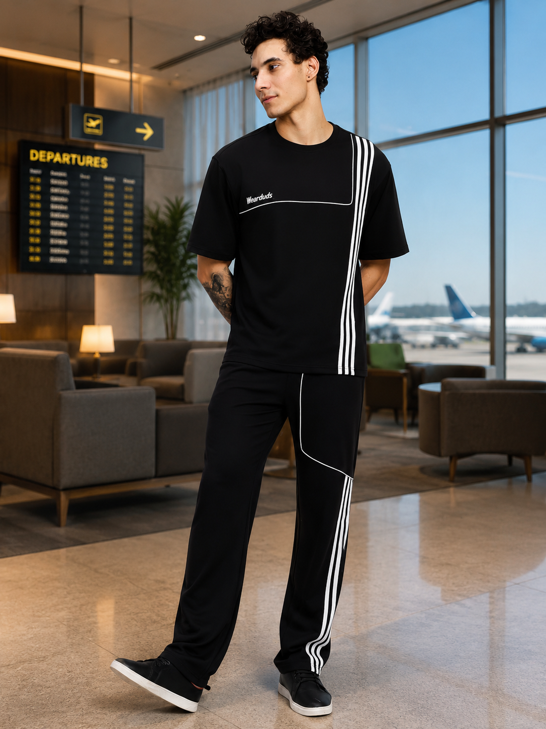 YOUTH CONTREST PIPING JOGGERS BLACK displayed in a modern airport setting with a male model.