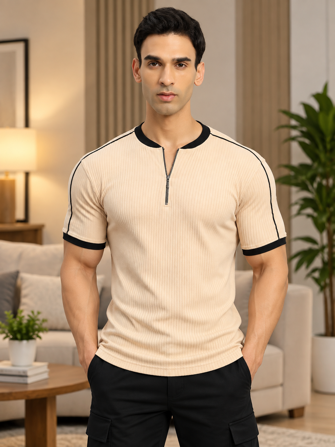 FILIPINO ZIPPER REGULAR FIT T-SHIRT BEIGE