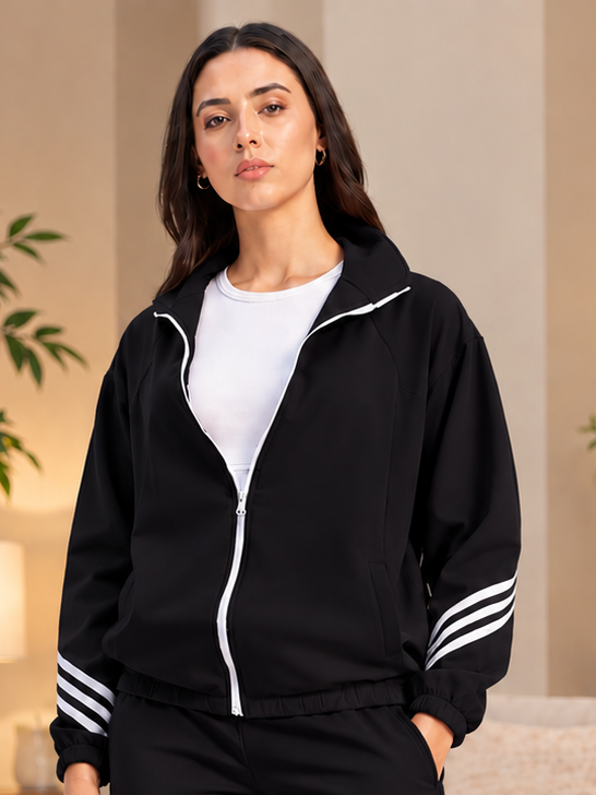 WOMEN STREETWEAR THREE STRIPE  JACKET FULL ZIPPER BLACK