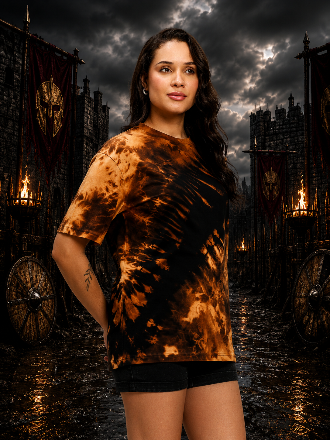 WOMEN SOLAR TIE-DYE T-SHIRT BLACK FIRE ORANGE