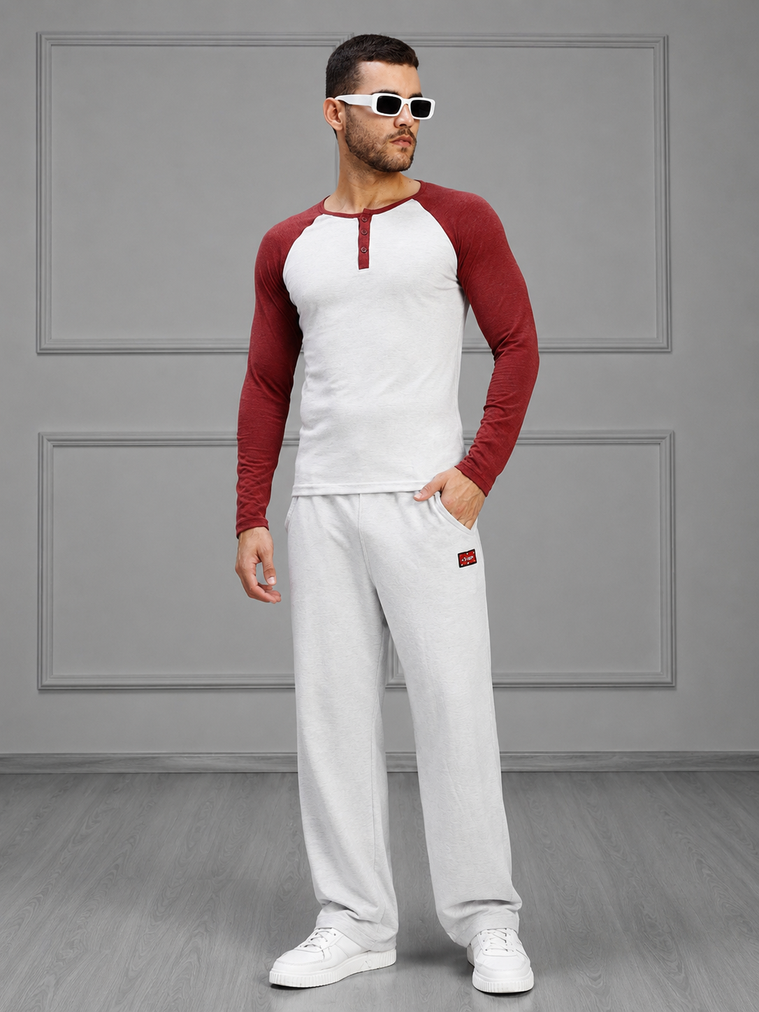HENLEY SWEATSHIRT MELANGE GREY MAROON