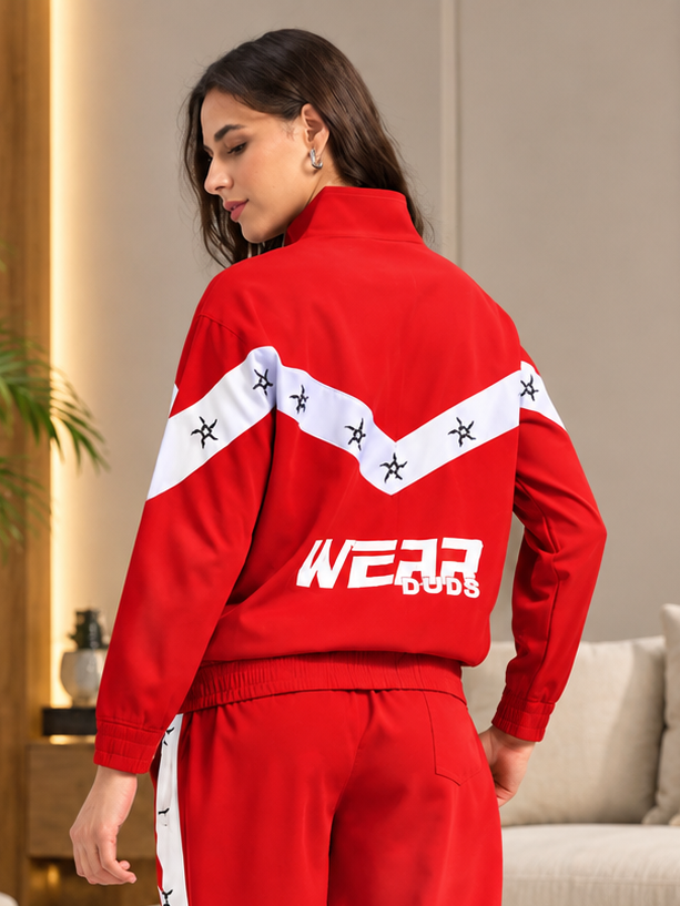 WOMEN MATCHING LOOSE FIT ZIPPER JACKET RED WHITE