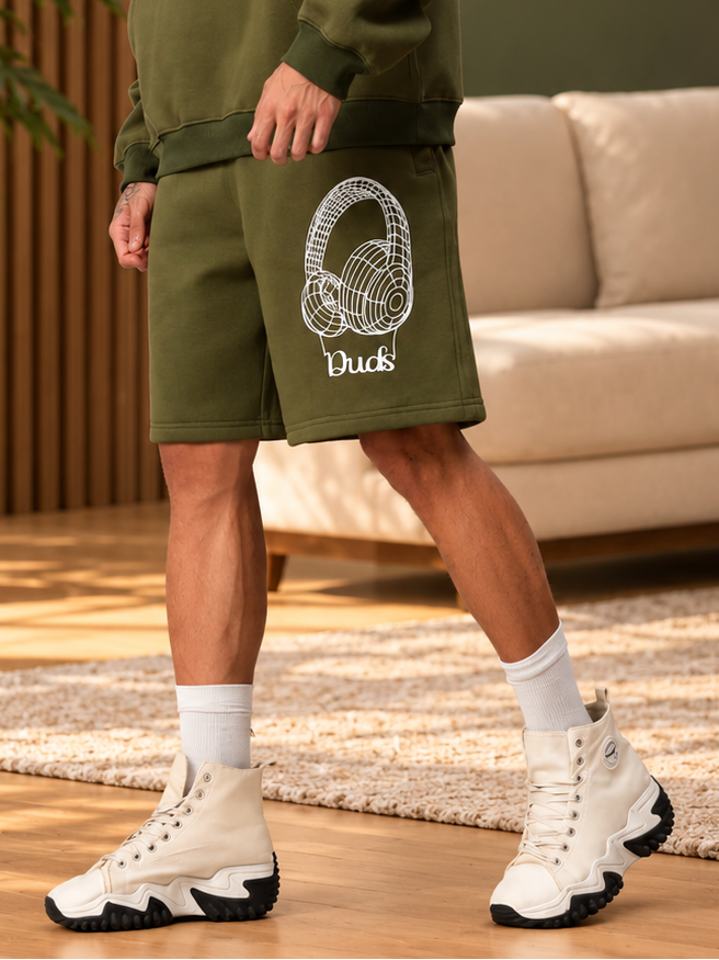 WEARDUDS FLEECE MUSIC GRAPHIC SHORTS OLIVE GREEN