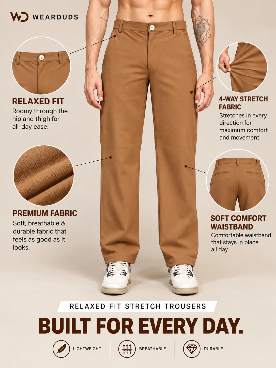 STRETCH STRAIGHT CASUAL PANTS BROWN