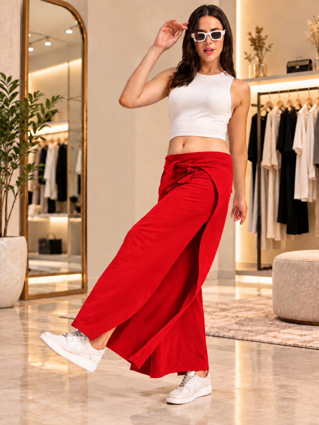 WOMEN WIDE LEG FLOWY LOUNGE JOGGERS RED