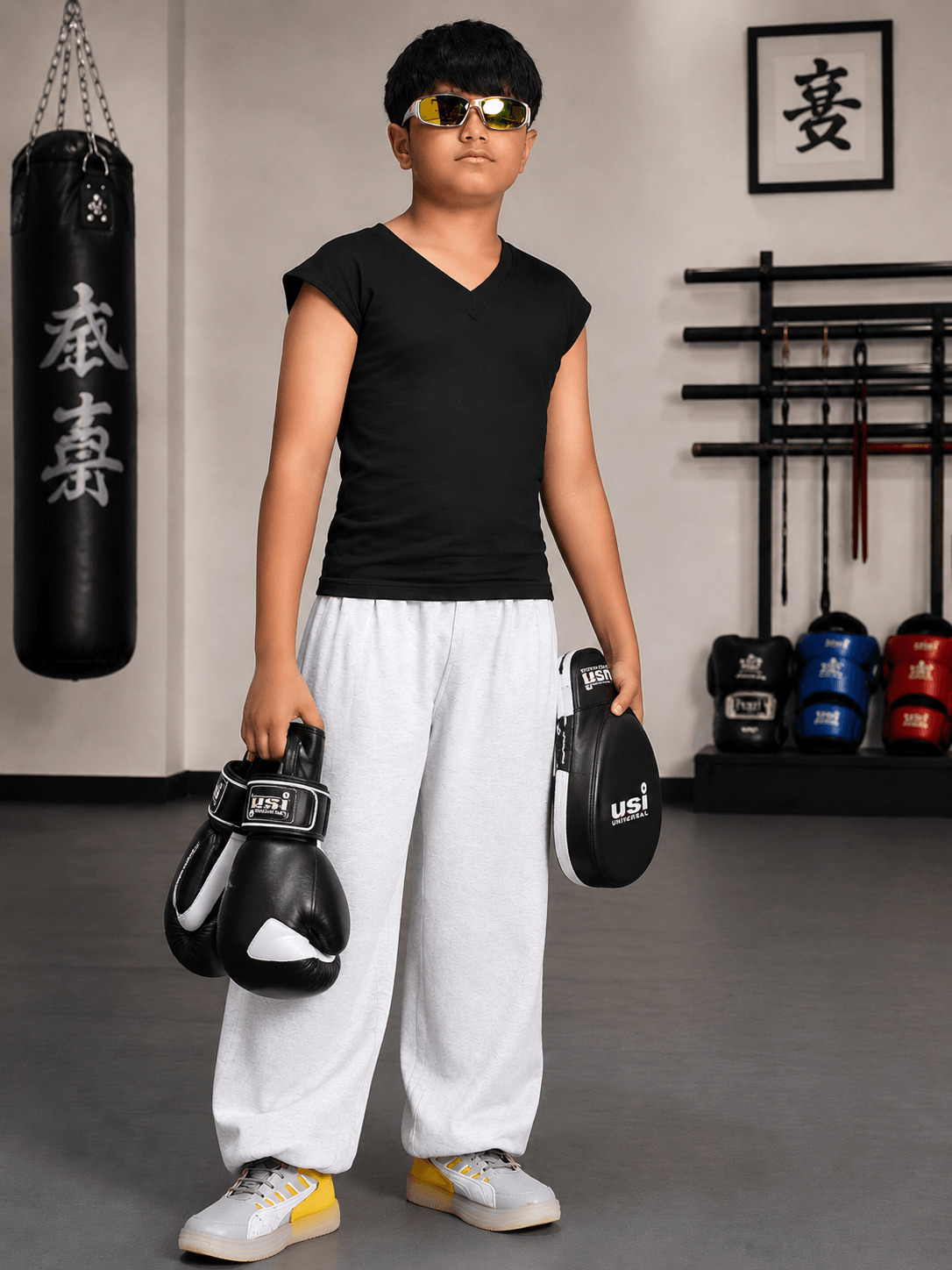 Confident boy in black T-shirt and sunglasses holding boxing gloves in a training gym setting.