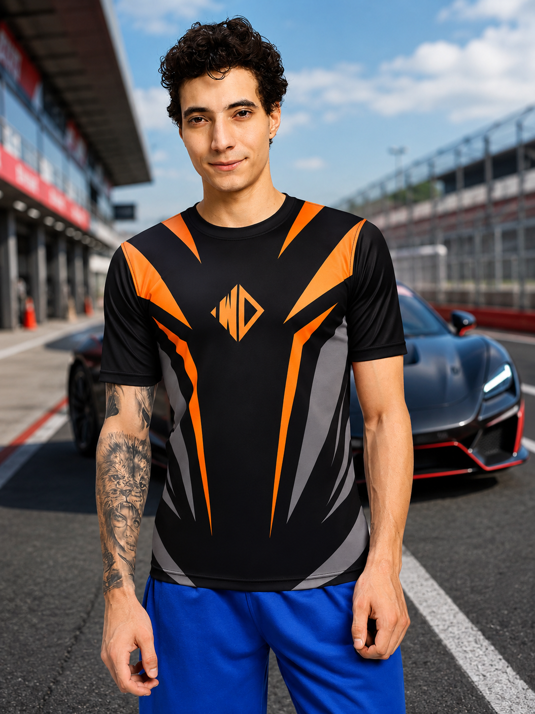NITRO SHIFT ATHLETIC T-SHIRT BLACK on a model standing near a sports car on a racetrack.