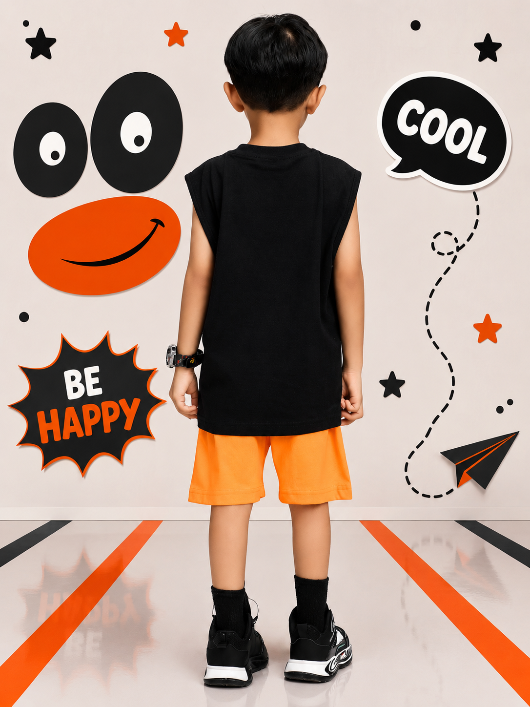 SMILEY EYES PRINT CO-ORD SET FOR BOYS GIRLS BLACK ORANGE