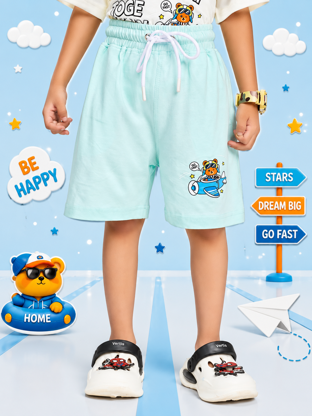 CARTOON BEAR SHORTS FOR BOYS GIRLS MINT GREEN