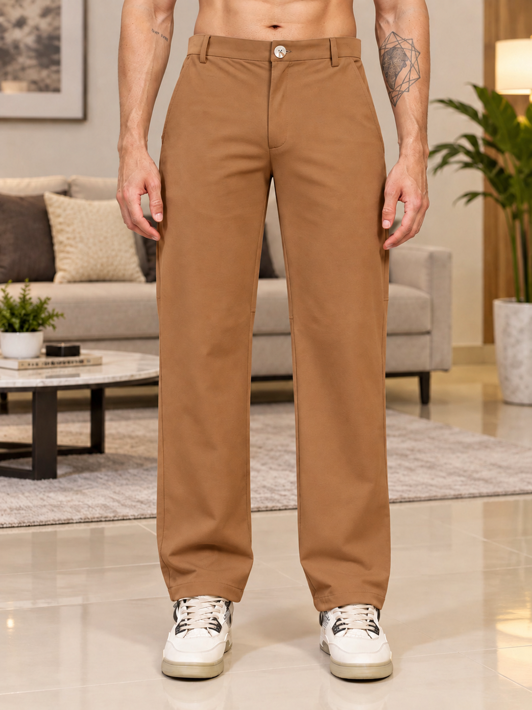 STRETCH STRAIGHT CASUAL PANTS BROWN