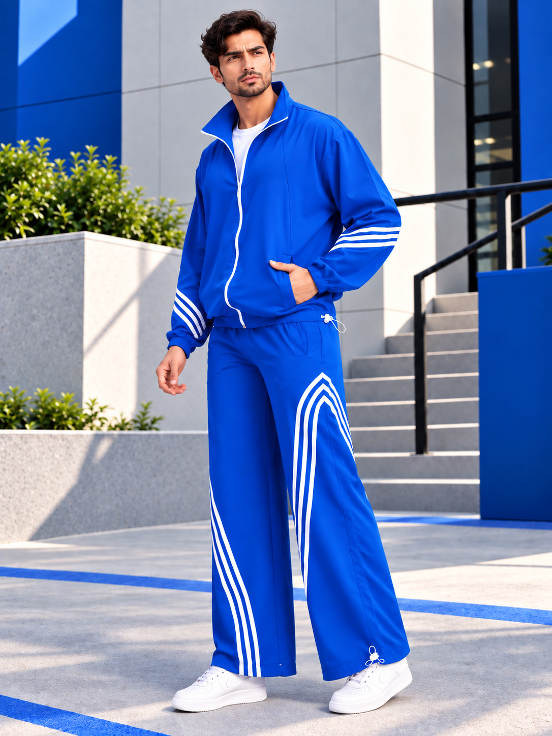 STREETWEAR THREE STRIPE CO-ORD SET FULL ZIPPER BLUE