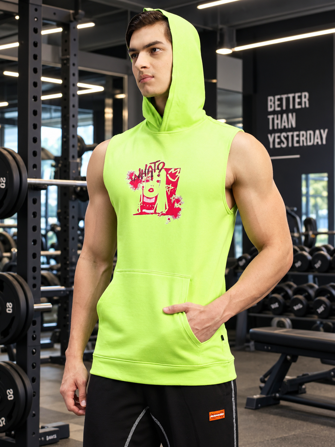 KANGAROO GYM SLEEVELESS HOODED T-SHIRT NEON GREEN