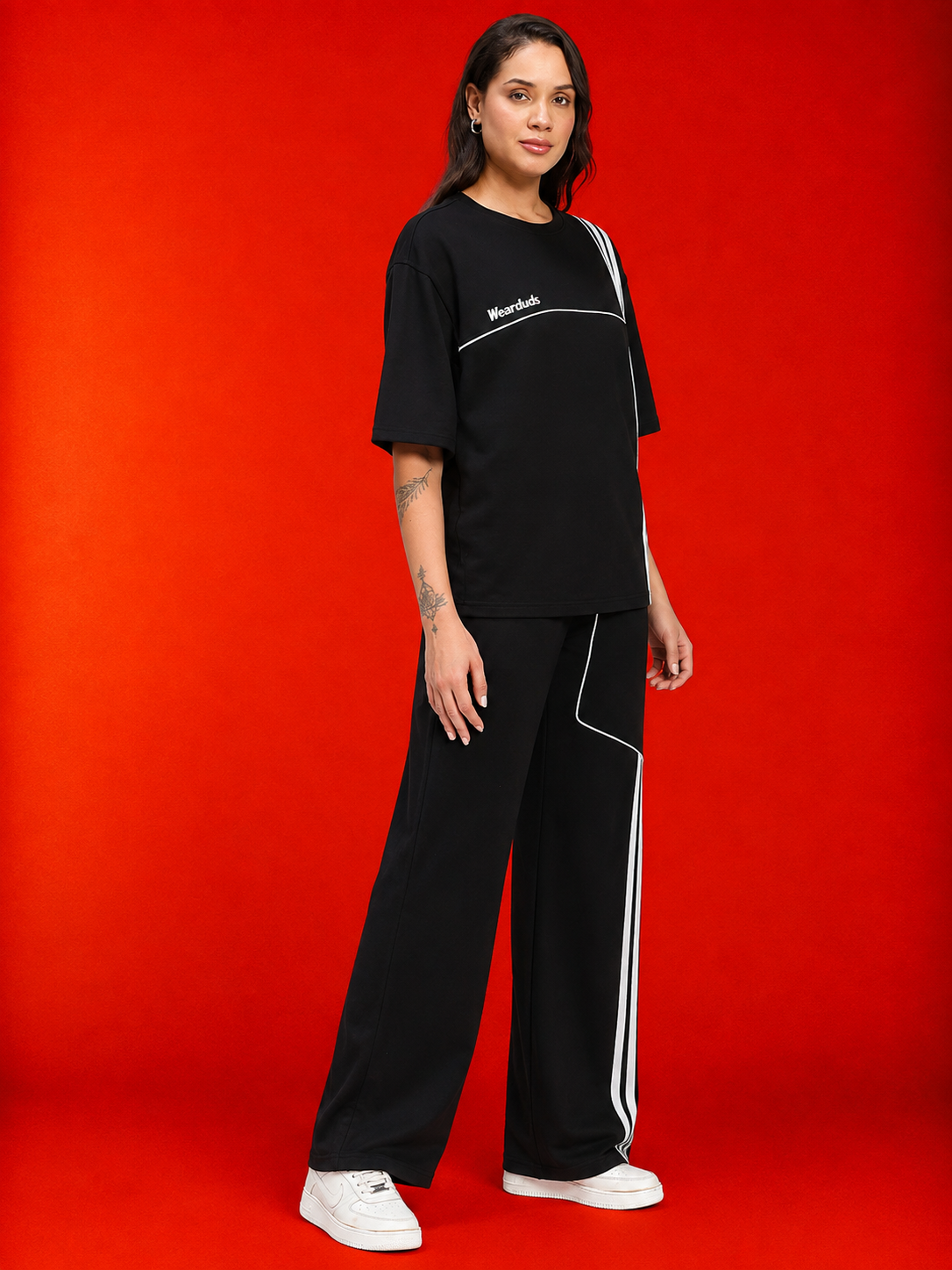 WOMEN YOUTH CONTREST PIPING CO-ORD SET BLACK
