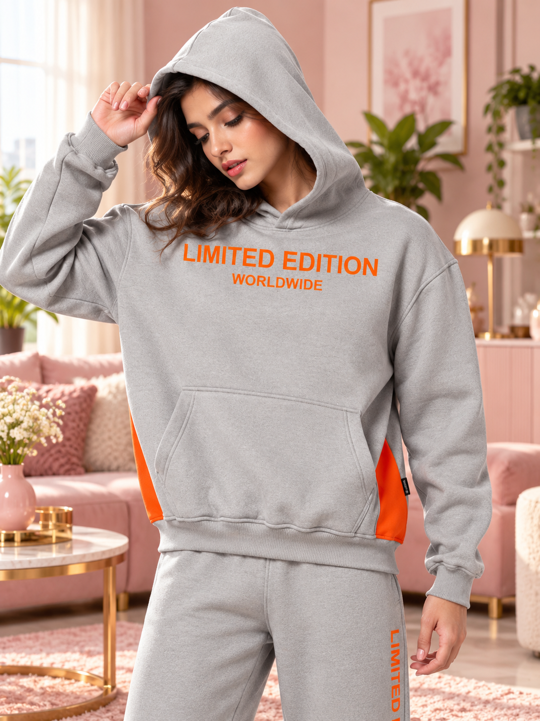 WOMEN WORLDWIDE FLEECE COLORBLOCK CO-ORD GREY hoodie and joggers set styled for cozy casual wear