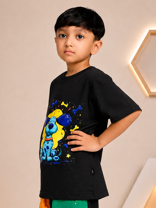 CUTE BLUE PUPPY OVERSIZED T-SHIRT FOR BOYS GIRLS BLACK