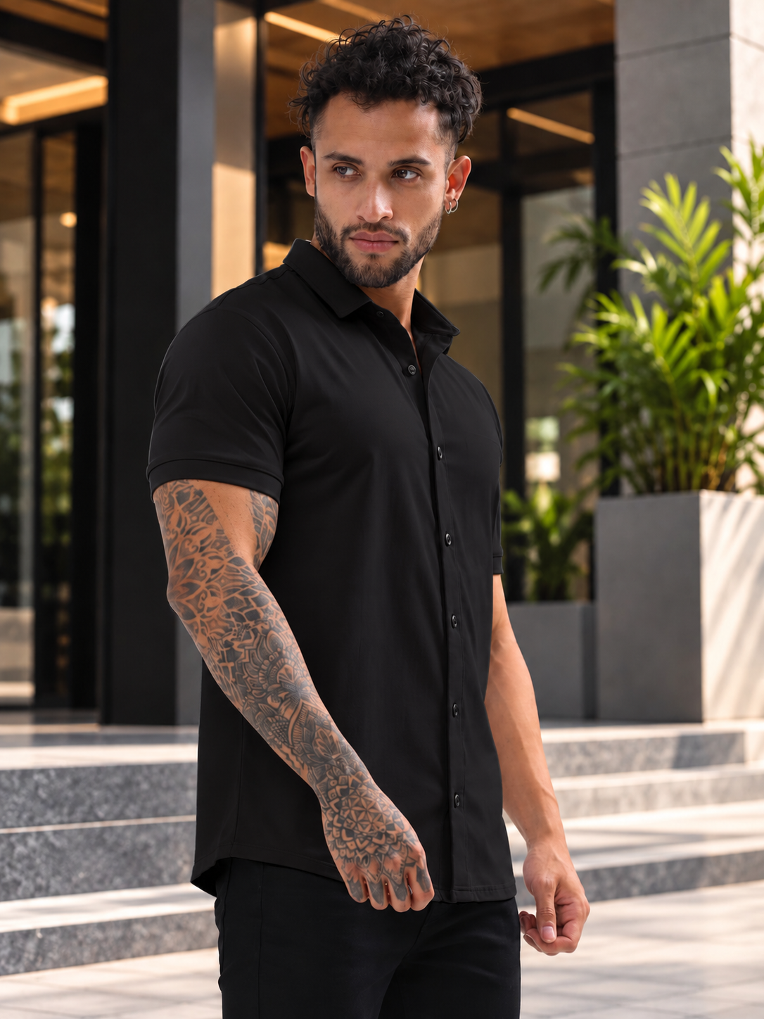NOIR BLACK HALF SLEEVES WRINKLE FREE SHIRT