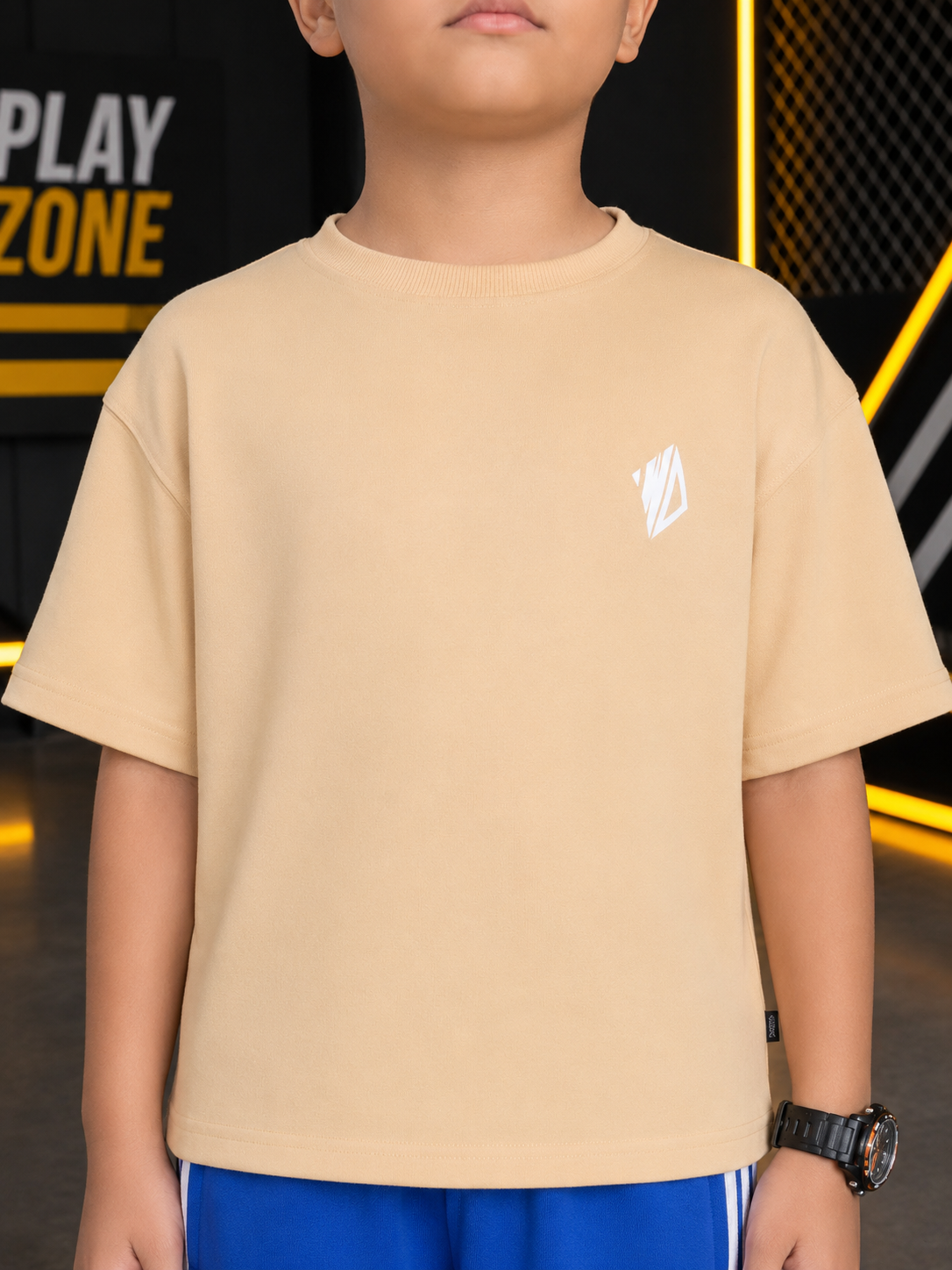 NEO STREET DROP CO-ORD FOR BOYS GIRLS BEIGE BLUE beige t-shirt for kids with sporty design and relaxed fit.