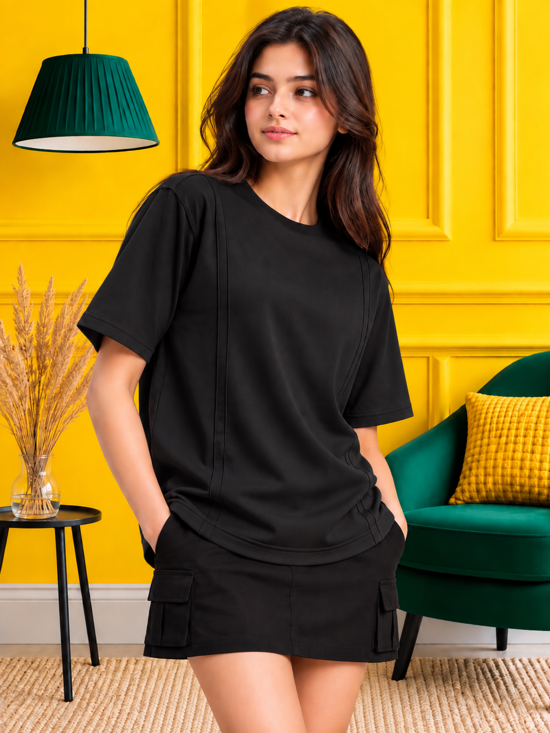 WOMEN PANEL OVERSIZED CREW T-SHIRT BLACK