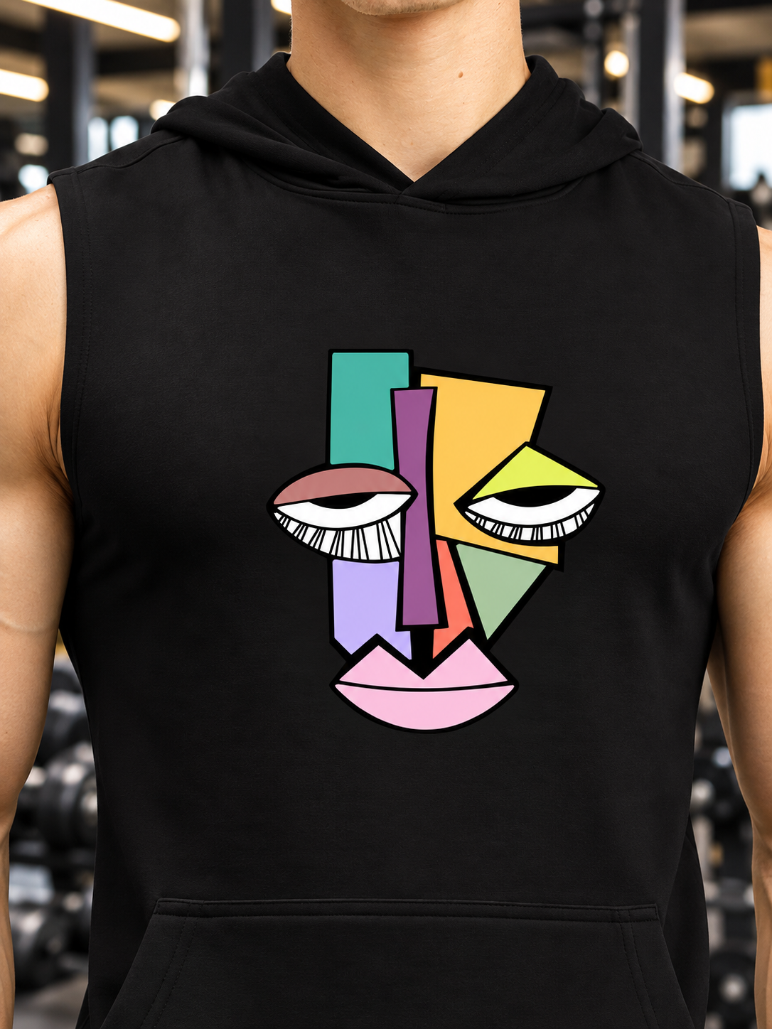 ABSTRACT FACE GYM SLEEVELESS HOODED T-SHIRT BLACK