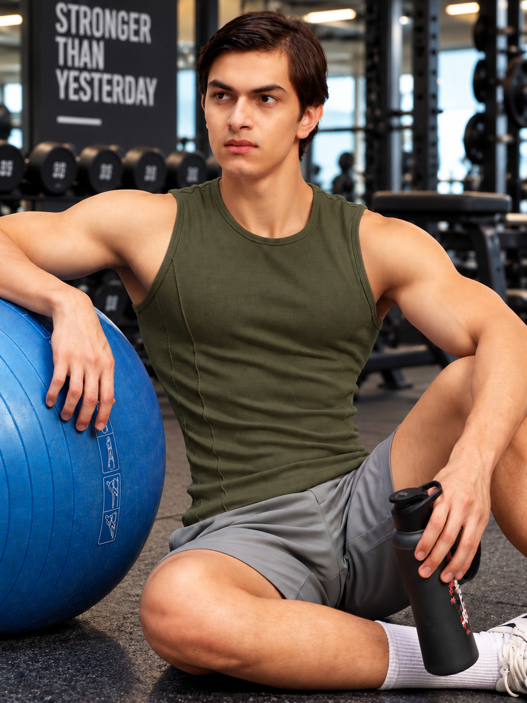SLEEVELESS TANK GYM T-SHIRT OLIVE GREEN
