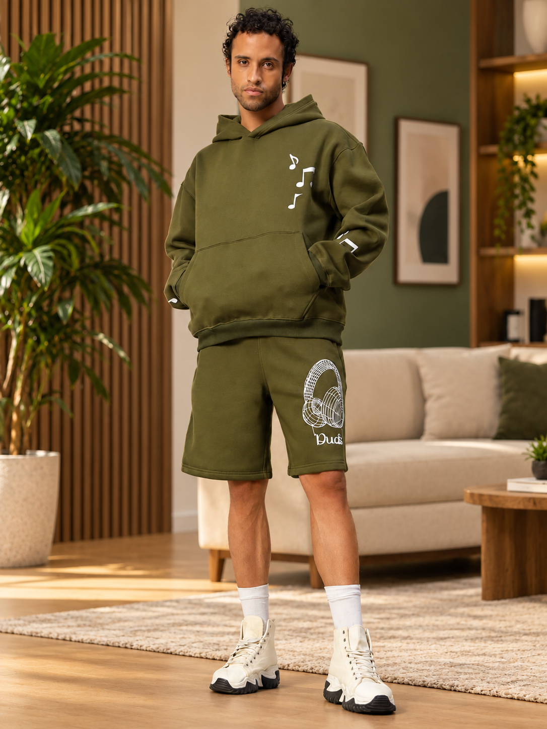 WEARDUDS FLEECE MUSIC GRAPHIC SHORTS OLIVE GREEN