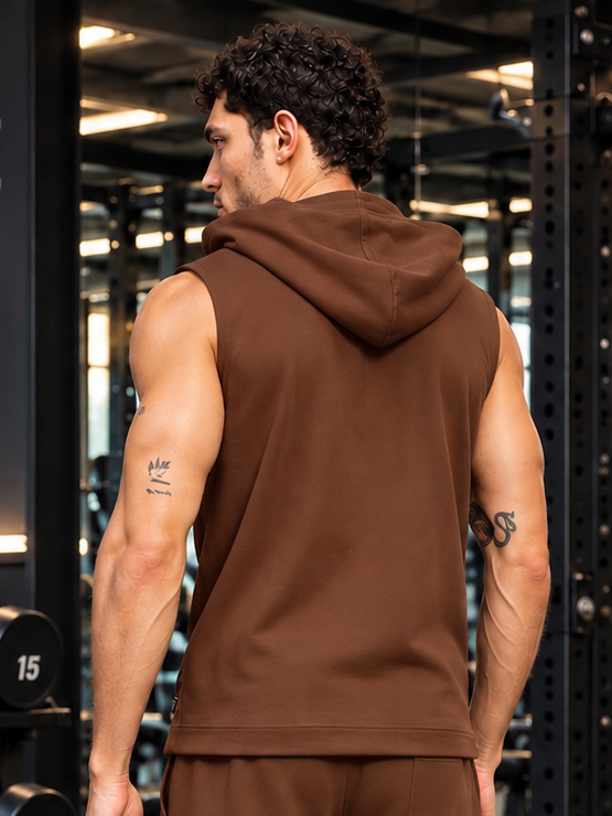 TRIBAL SLEEVELESS HOODED  T-SHIRT BROWN