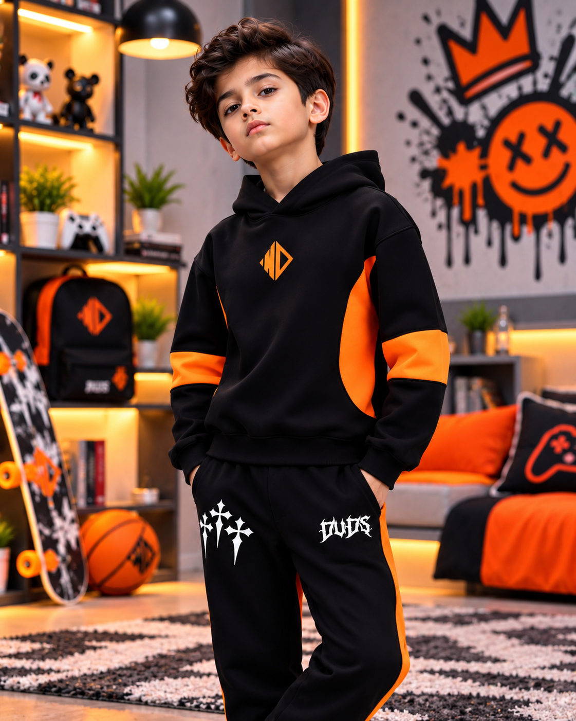 WD GORBCORE FLEECE COLORBLOCK HOODIE FOR BOYS AND GIRLS BLACK ORANGE
