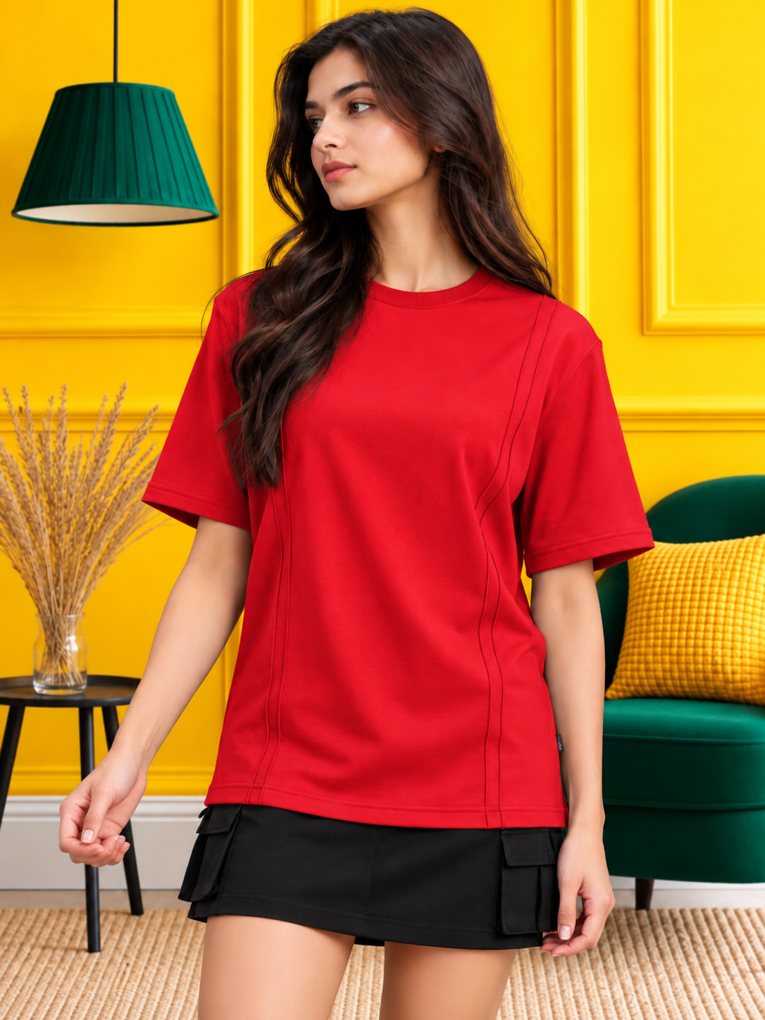 WOMEN PANEL OVERSIZED CREW T-SHIRT RED