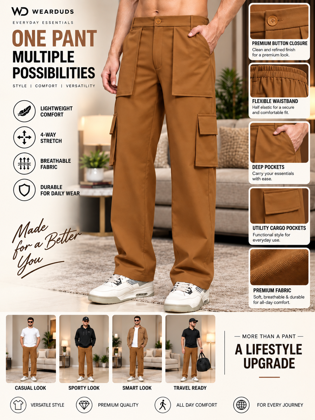 URBAN STREETWEAR OVERSIZED CARGO BROWN