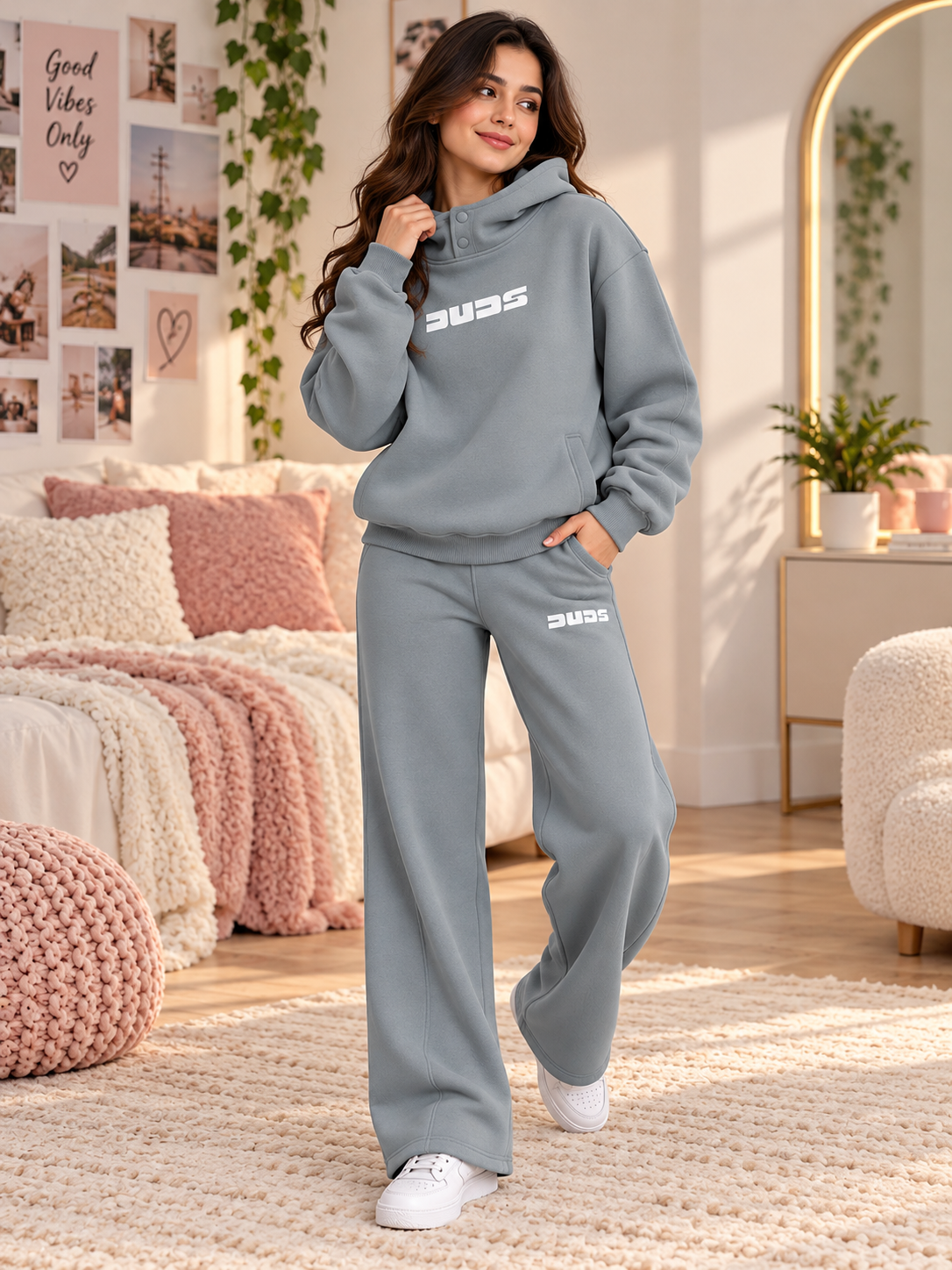 WOMEN SHOOTER COTTON FLEECE CO-ORD GREY